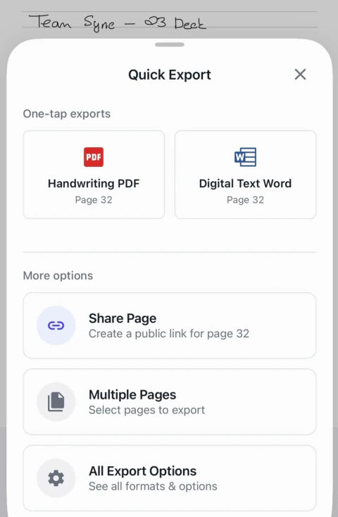 The XNote app’s Quick Export sheet: Handwriting PDF, Digital Text Word and Share Page (actual app recording)