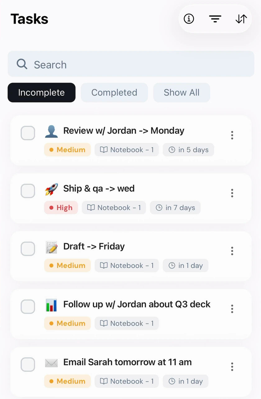 To-dos picked out of a handwritten page in the XNote app (actual app recording)