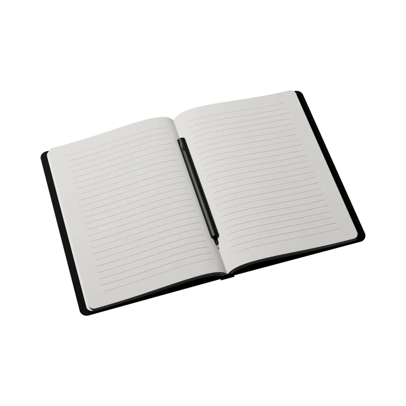 An open XNote notebook with the XNote Write smart pen lying in the gutter