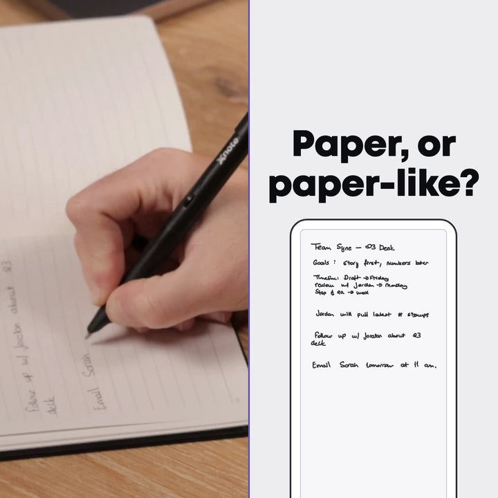 XNote vs reMarkable: a hand writing in ink in an XNote notebook beside the same handwriting on a generic paper tablet screen, under the words Paper, or paper-like?
