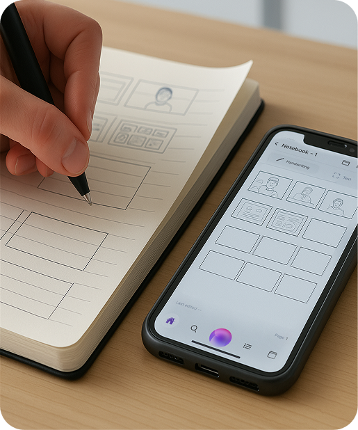 A hand sketching on paper beside a phone displaying the digital page