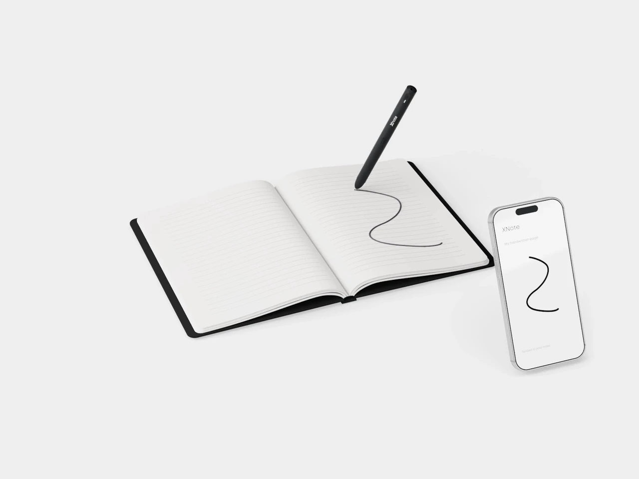 XNote Write: the smart pen writing in an open XNote notebook while the same stroke appears on a phone (phone not included; app screen is an illustration)