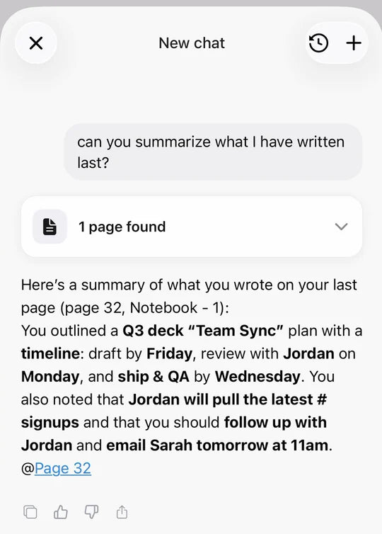 The XNote app summarizing a handwritten page, with the page it found cited (actual app recording)