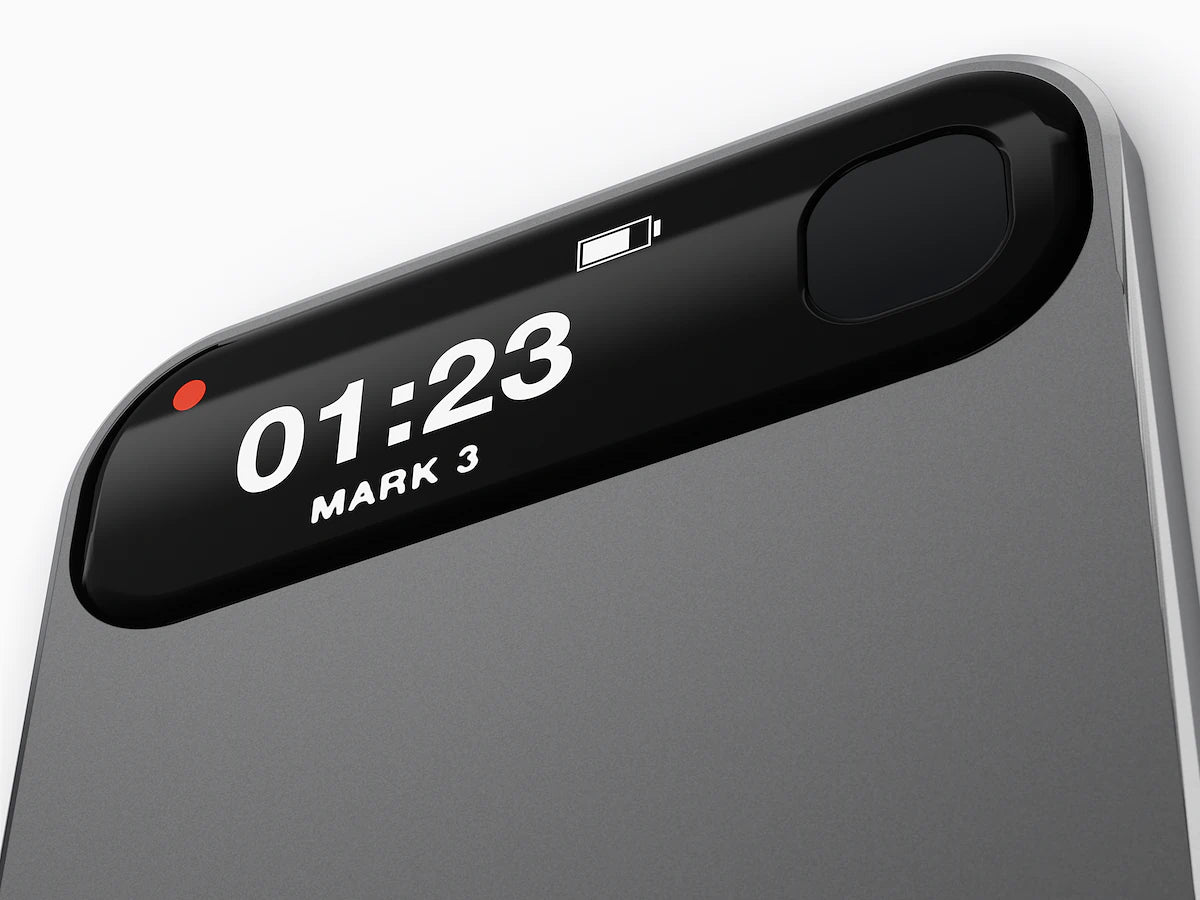 Pre-production XNote Voice: the display showing a red dot, 01:23 and MARK 3, with the mark button beside it