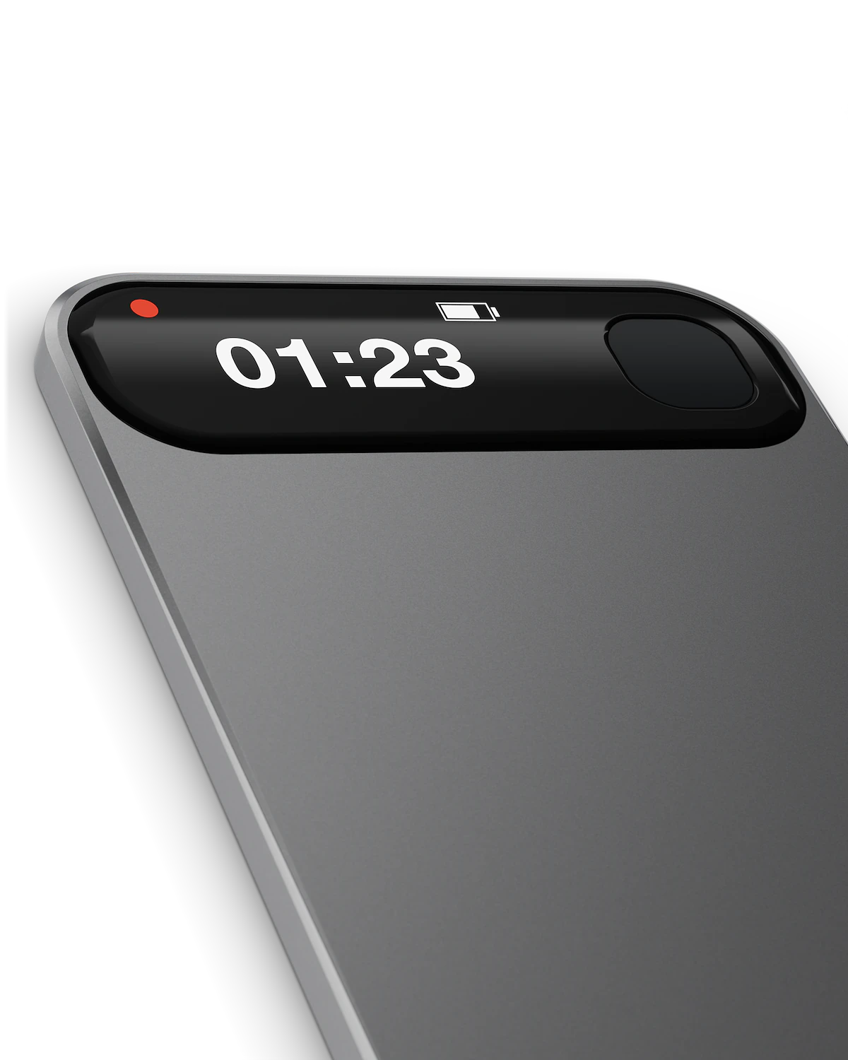 The display of a pre-production XNote Voice showing a red dot and 01:23, with the mark button beside it