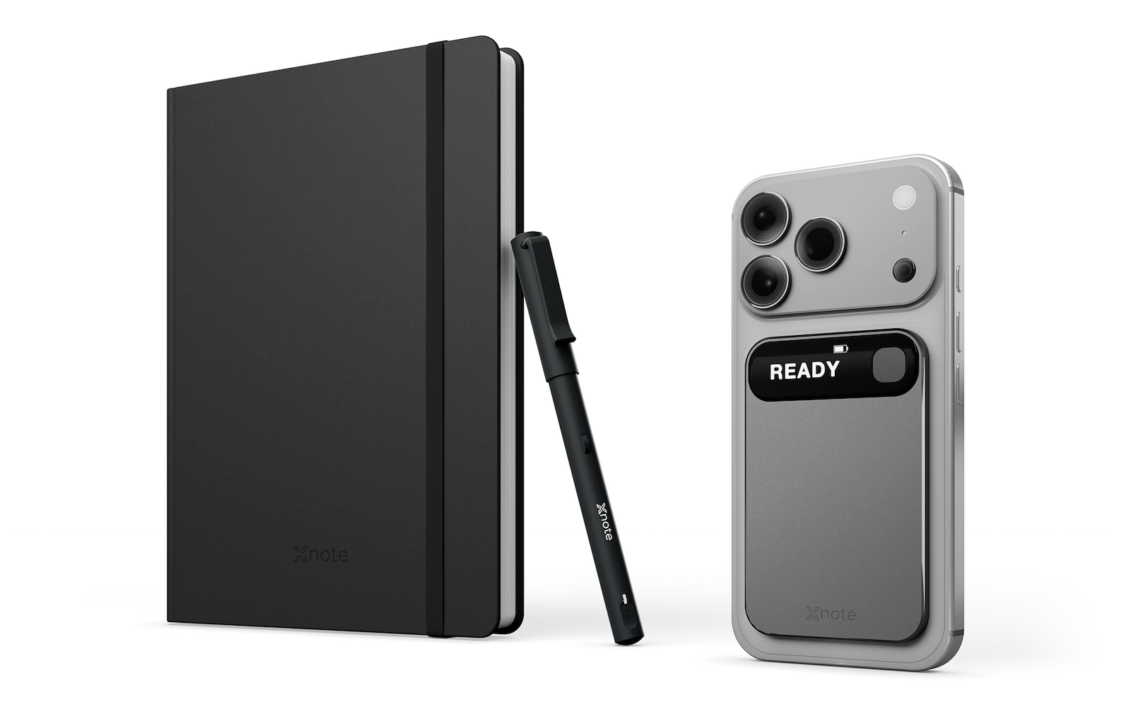 XNote Write smart pen and notebook beside XNote Voice attached to the back of a phone (pre-production design). Phone not included.